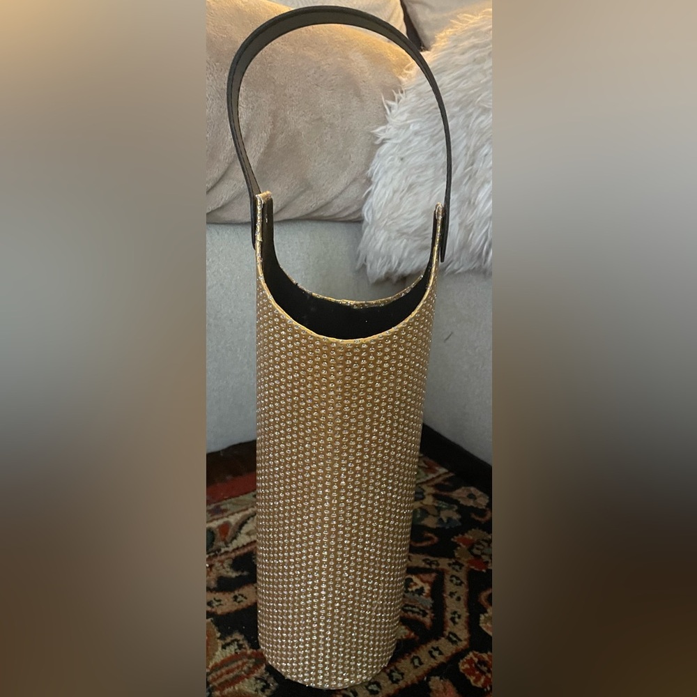 Rhinestone & Gold WINE Caddy Bottle Carrier w/ Leather Strap Bling Wine Caddy